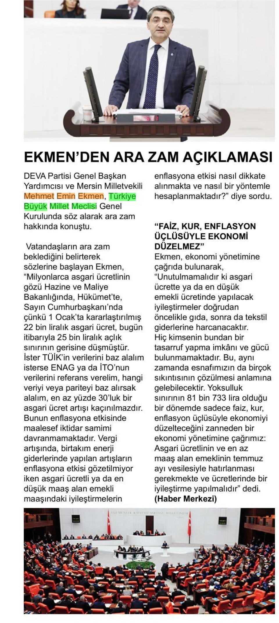 EKMEN'DEN ARA ZAM AÇIKLAMASI