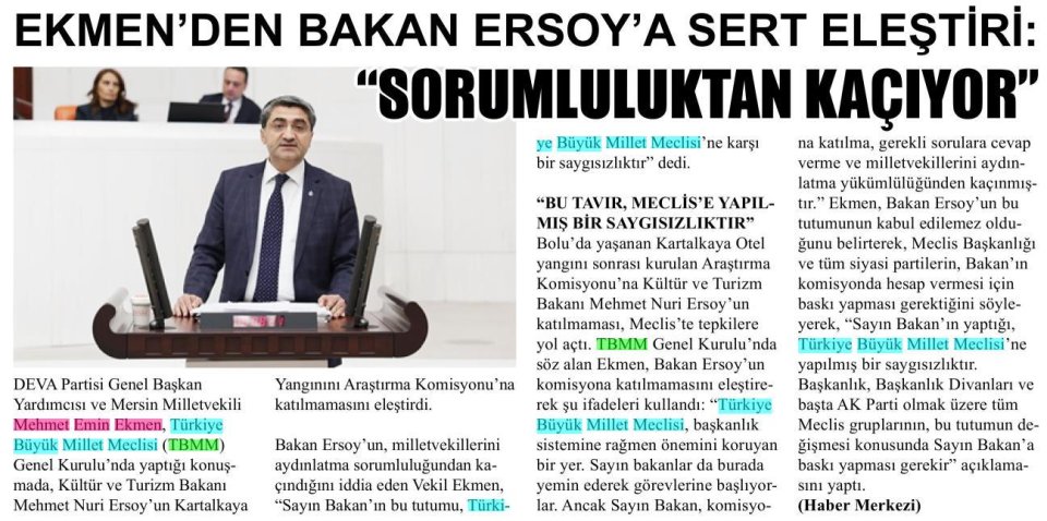 EKMEN'DEN BAKAN ERSOY'A SERT ELEŞTİRİ: 