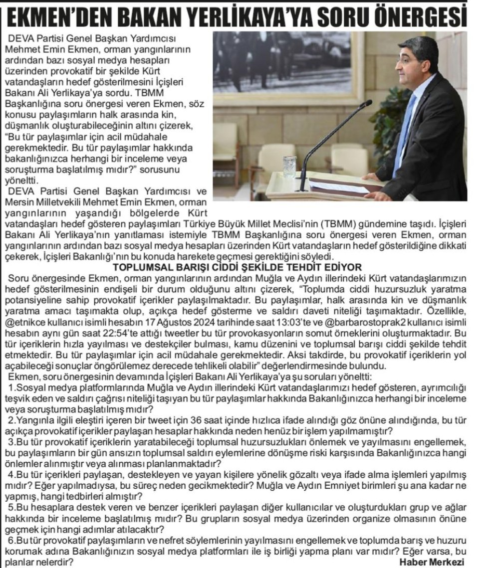 EKMEN'DEN BAKAN YERLİKAYA'YA SORU ÖNERGESİ