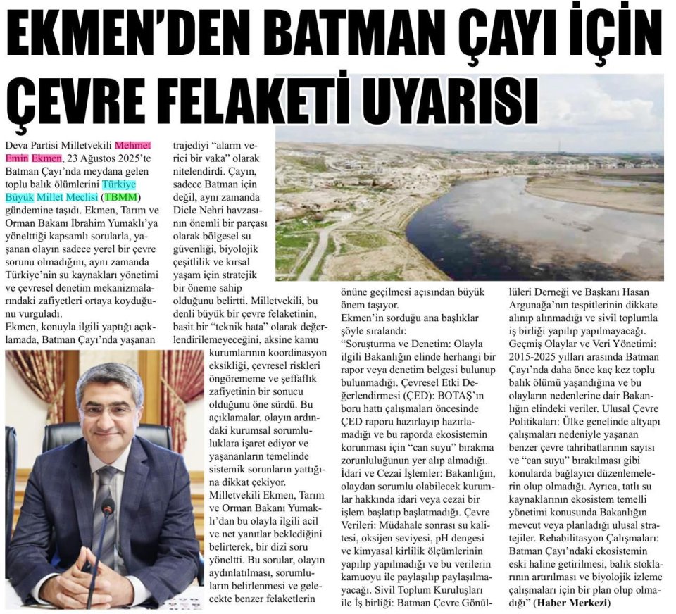 EKMENDEN BATMAN ÇAYI İÇİN ÇEVRE FELAKETİ UYARISI