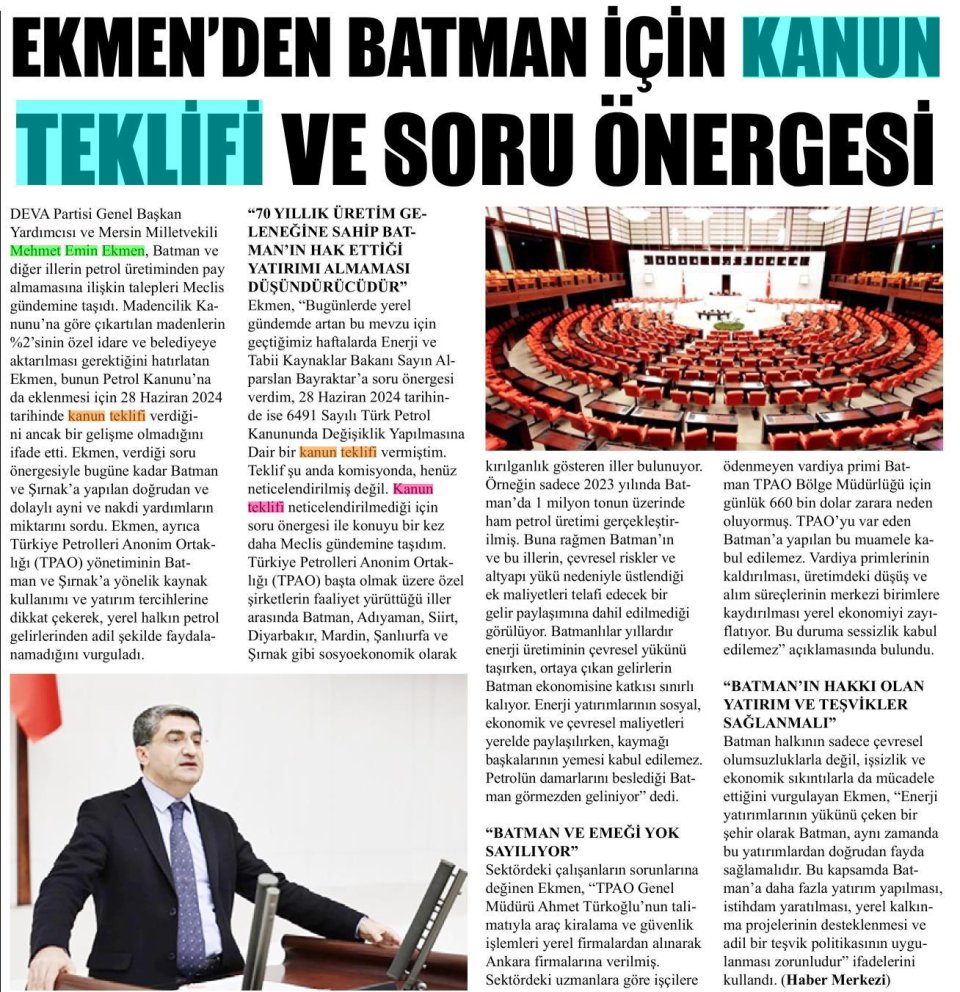 EKMENDEN BATMAN İÇİN KANUN TEKLİFİ VE SORU ÖNERGESİ
