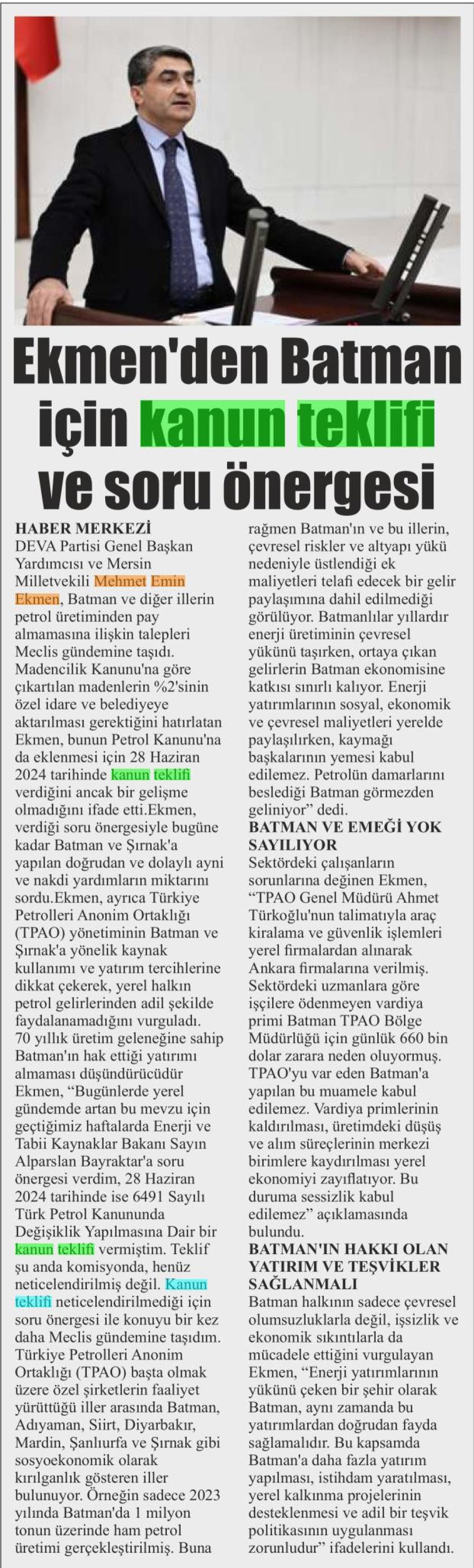 EKMEN'DEN BATMAN İÇİN KANUN TEKLİFİ VE SORU ÖNERGESİ