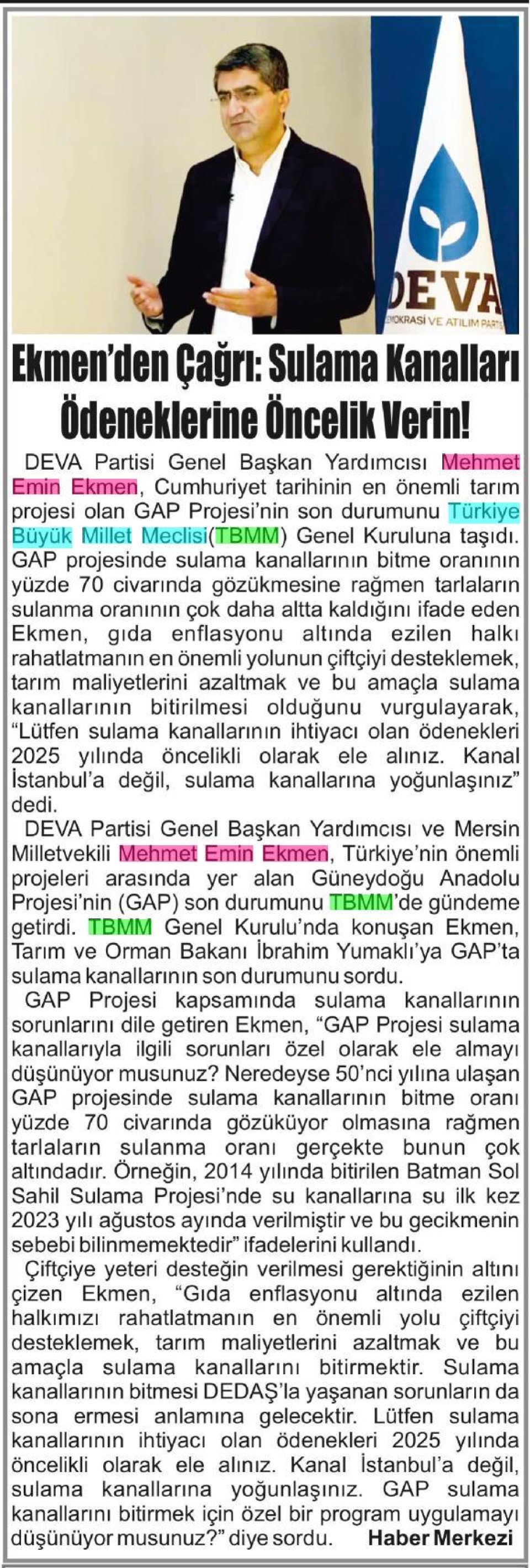  EKMENDEN ÇAĞRI: SULAMA KANALLARI ÖDENEKLERİNE ÖNCELİK VERİN!