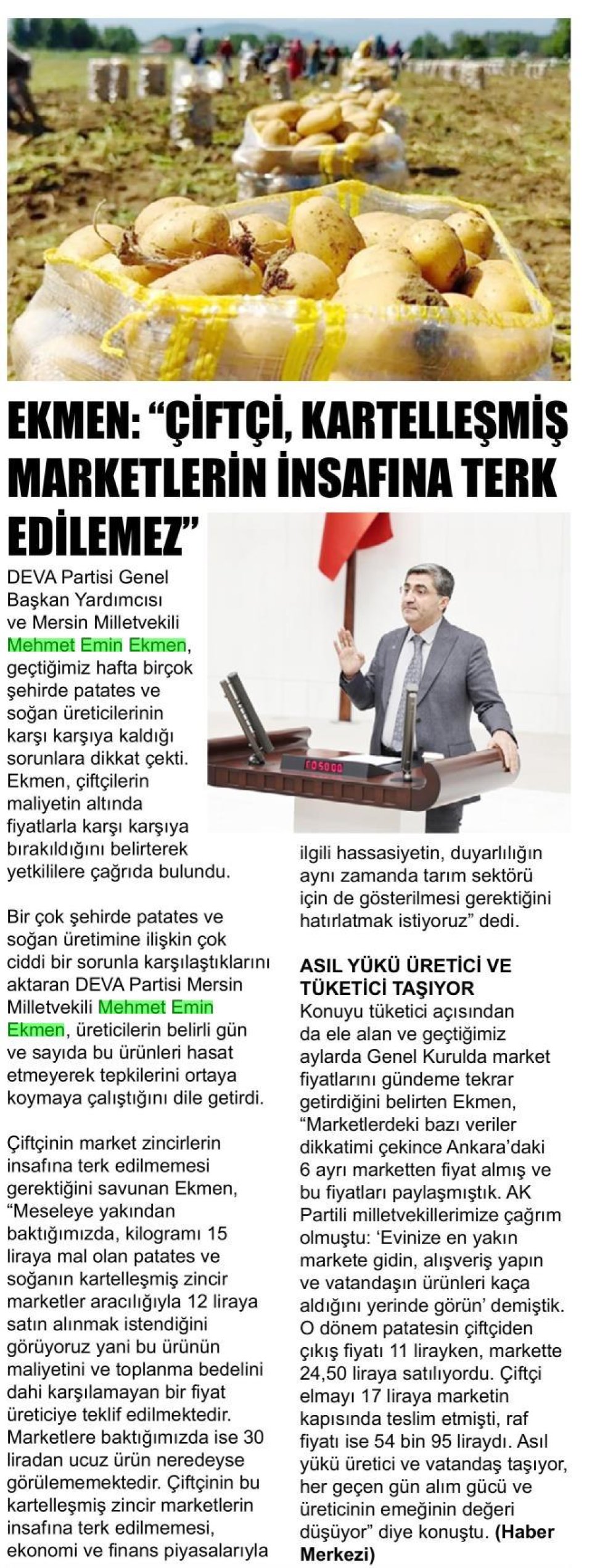EKMEN'DEN ÇİFTÇİLER İLE İLGİLİ AÇIKLAMA