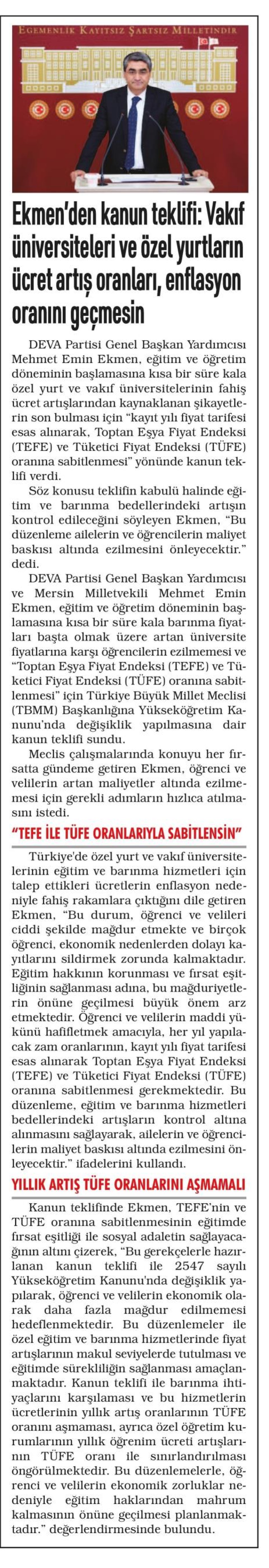 EKMEN'DEN KANUN TEKLİFİ: VAKIF ÜNİVERSİTELERİ VE ÖZEL YURTLARIN ÜCRET ARTIŞ ORANLARI, ENFLASYON ORANINI GEÇMESİN
