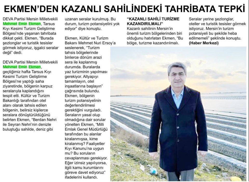 EKMEN'DEN KAZANLI SAHİLİNDEKİ TAHRİBATA TEPKİ