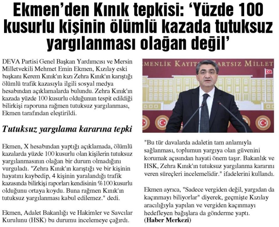 EKMEN'DEN KINIK TEPKİSİ: 'YÜZDE 100 KUSURLU KİŞİNİN ÖLÜMLÜ KAZADA TUTUKSUZ YARGILANMASI OLAĞAN DEĞİL'