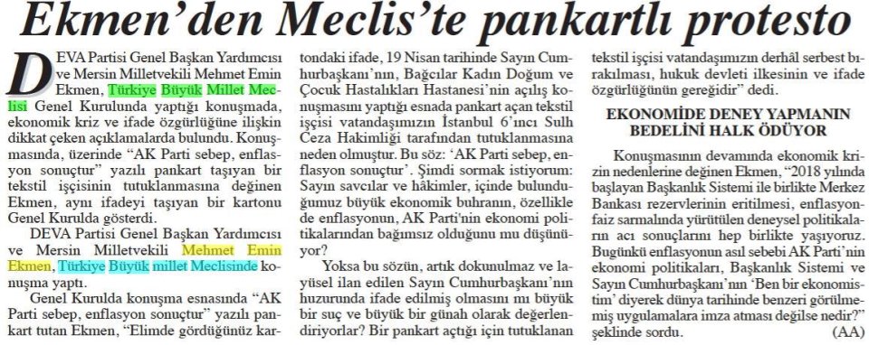 EKMEN'DEN MECLİS'TE PANKARTLI PROTESTO