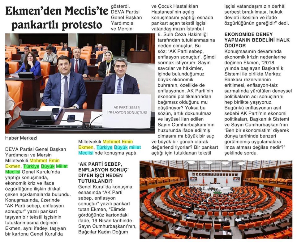 EKMEN'DEN MECLİS'TE PANKARTLI PROTESTO