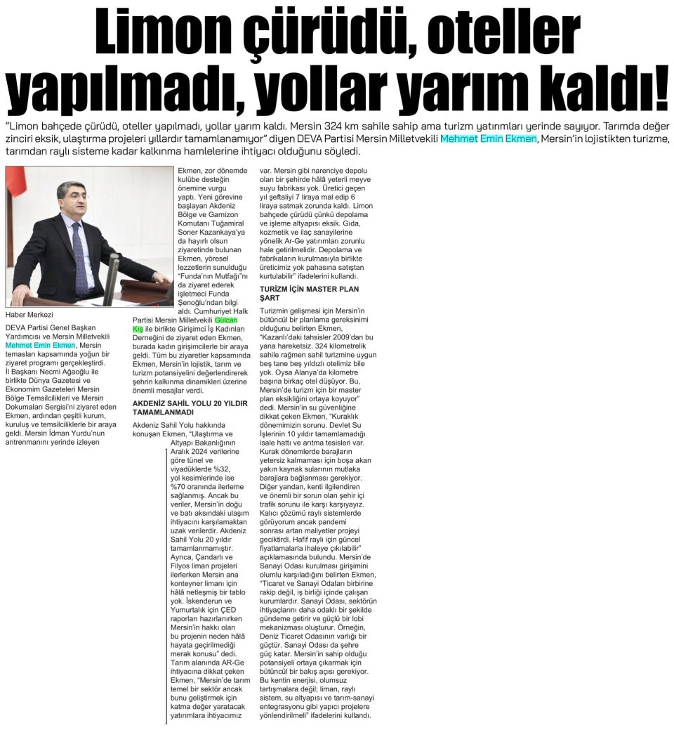 EKMEN'DEN MERSİN İÇİN ALARM ZİLİ!