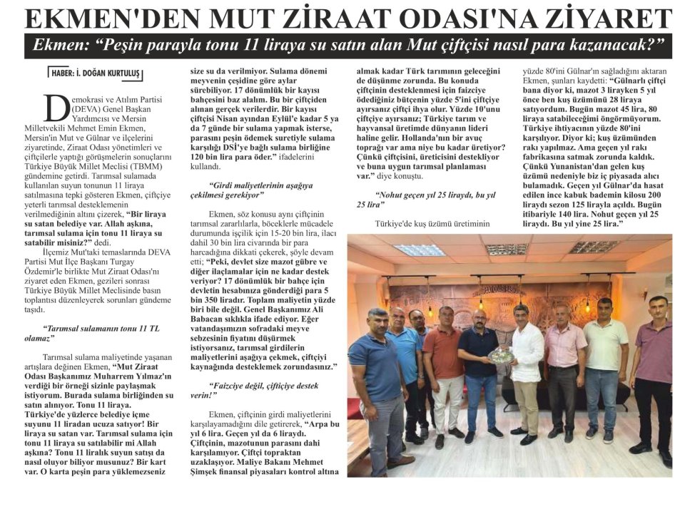 EKMEN'DEN MUT ZİRAAT ODASI'NA ZİYARET