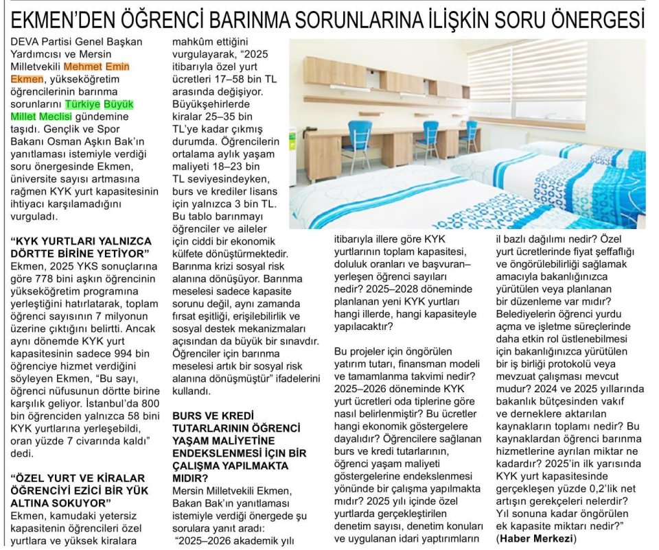  EKMEN'DEN ÖĞRENCİ BARINMA SORUNLARINA İLİŞKİN SORU ÖNERGESİ