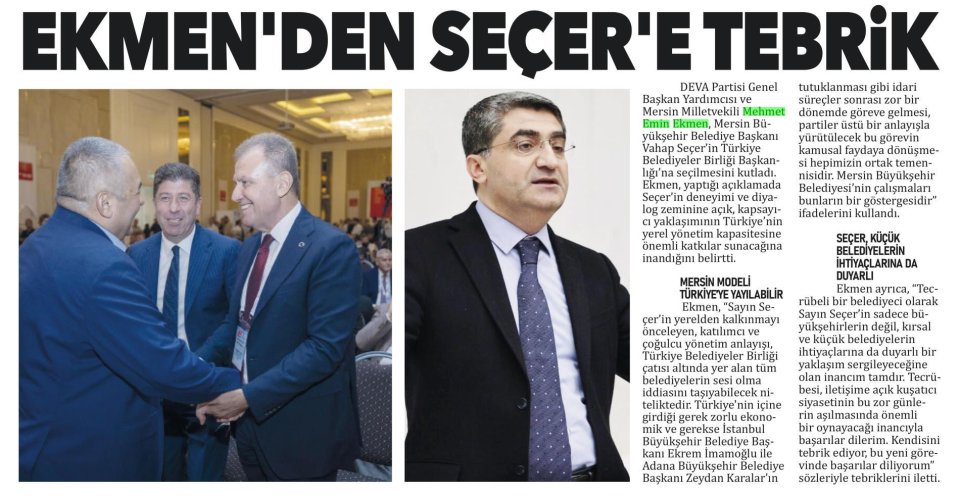 EKMEN'DEN SEÇER'E TEBRİK