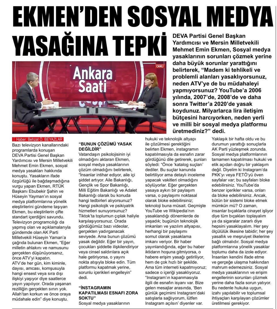 EKMEN'DEN SOSYAL MEDYA YASAĞINA TEPKİ