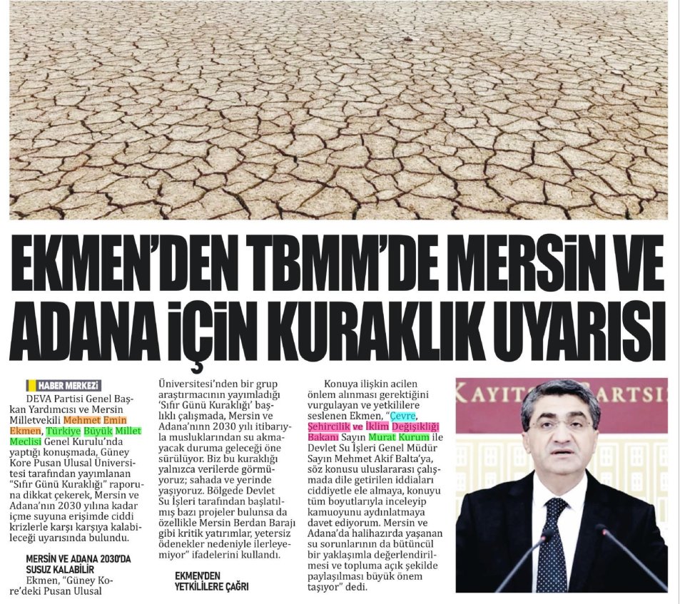 EKMEN'DEN TBMM'DE MERSİN VE ADANA İÇİN KURAKLIK UYARISI