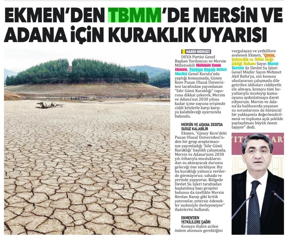 EKMEN'DEN TBMM'DE MERSİN VE ADANA İÇİN KURAKLIK UYARISI