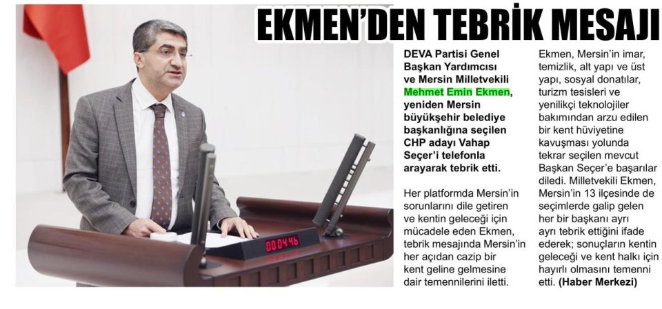 EKMEN'DEN TEBRİK MESAJI