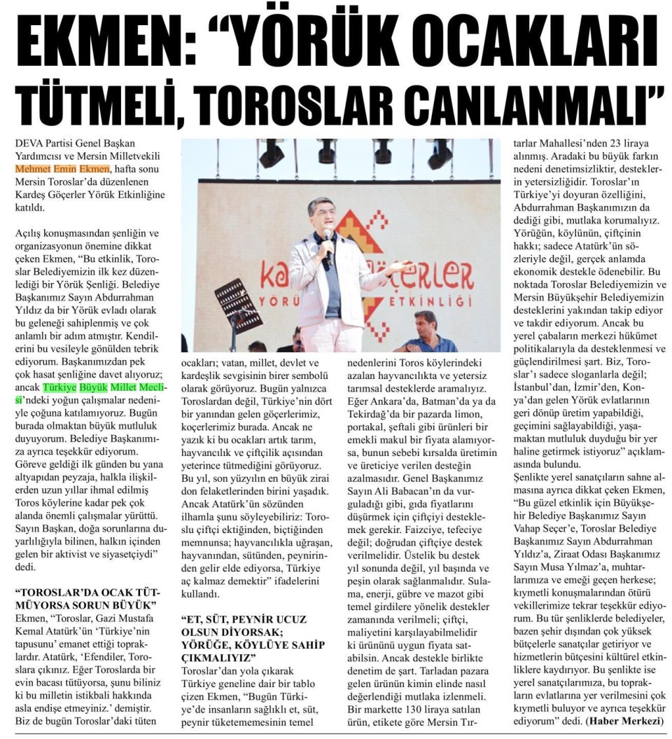 EKMEN'DEN TOROSLAR ÇAĞRISI