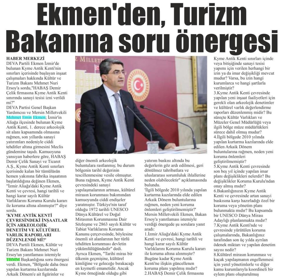 EKMEN'DEN, TURİZM BAKANINA SORU ÖNERGESİ