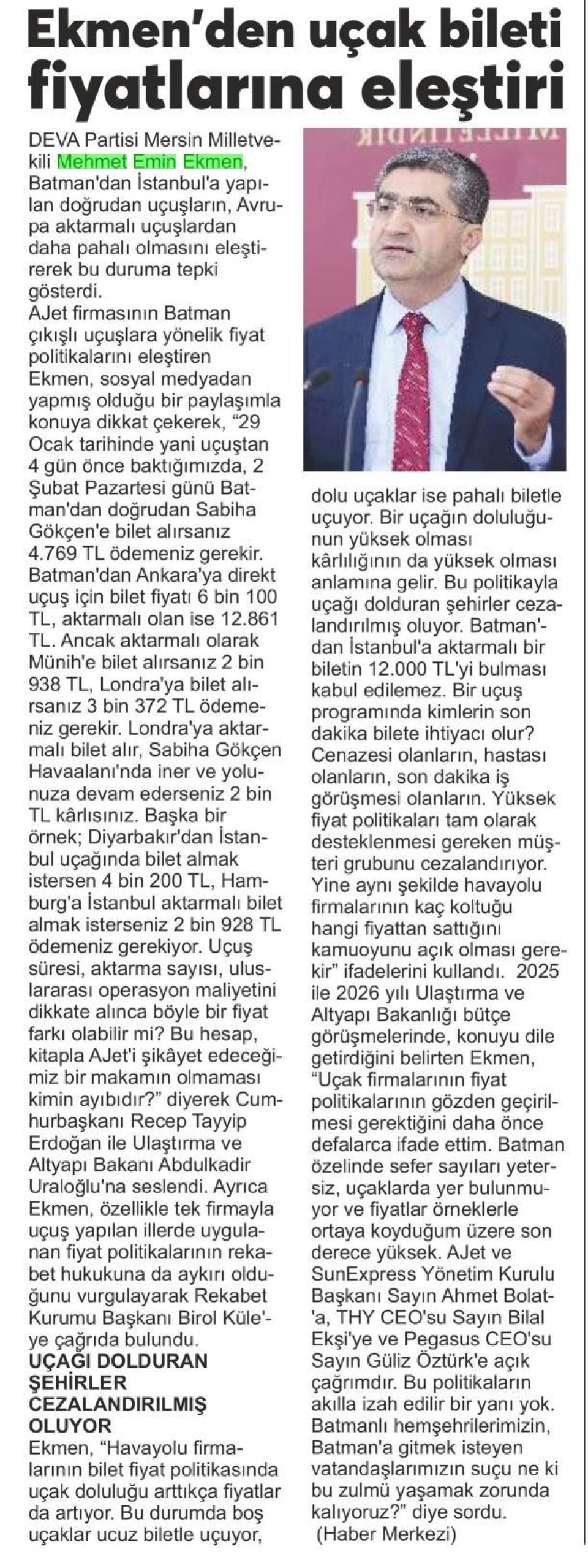 EKMEN'DEN UÇAK BİLETİ FİYATLARINA ELEŞTİRİ