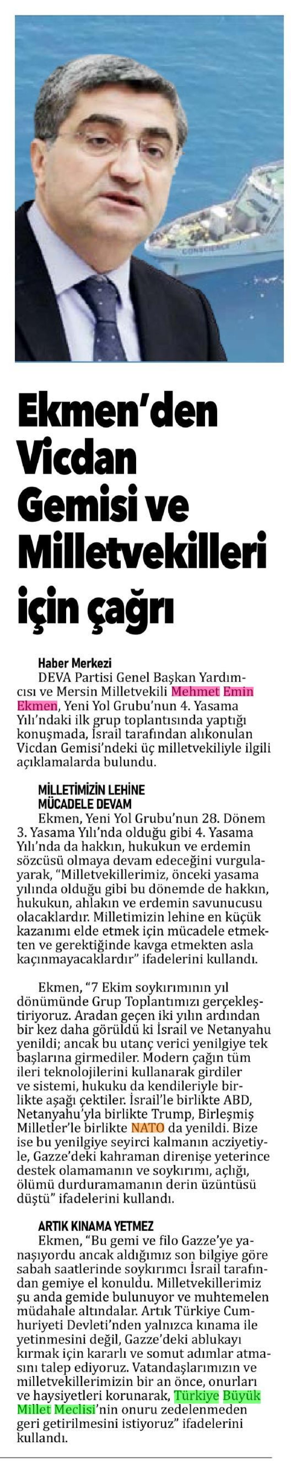 EKMEN'DEN VİCDAN GEMİSİ VE MİLLETVEKİLLERİ İÇİN ÇAĞRI