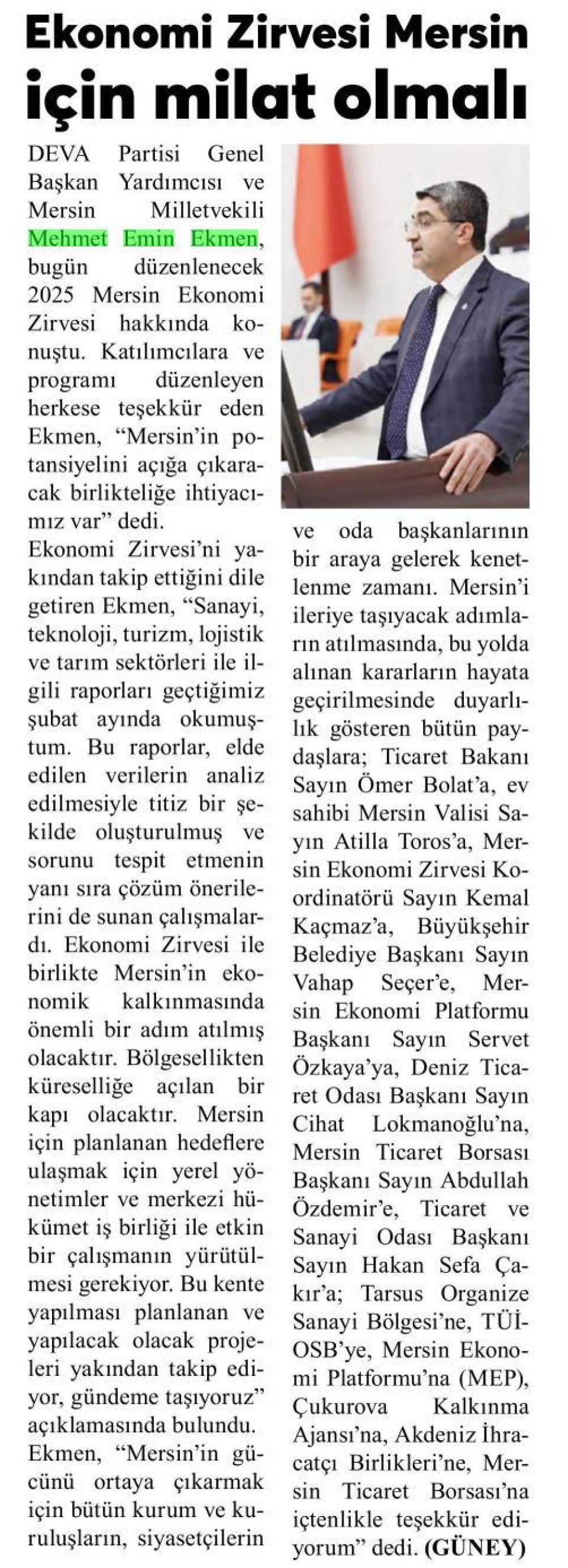 EKONOMİ ZİRVESİ MERSİN İÇİN MİLAT OLMALI