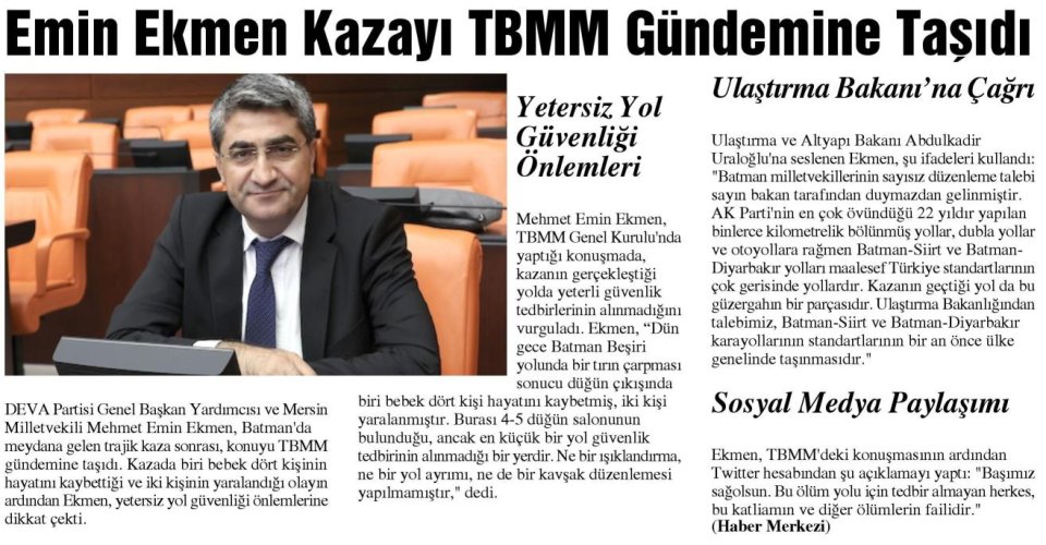 EMİN EKMEN KAZAYI TBMM GÜNDEMİNE TAŞIDI