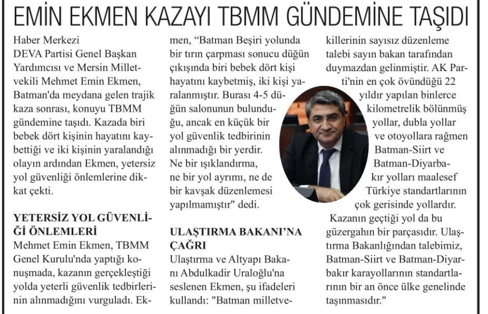 EMİN EKMEN KAZAYI TBMM GÜNDEMİNE TAŞIDI