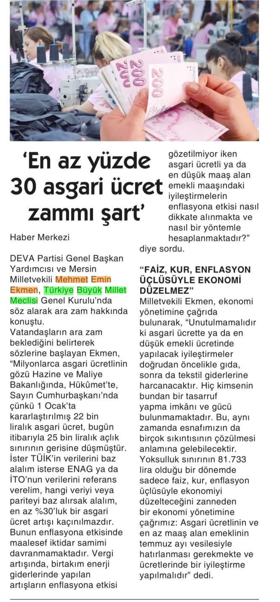 'EN AZ YÜZDE 30 ASGARİ ÜCRET ZAMMI ŞART'