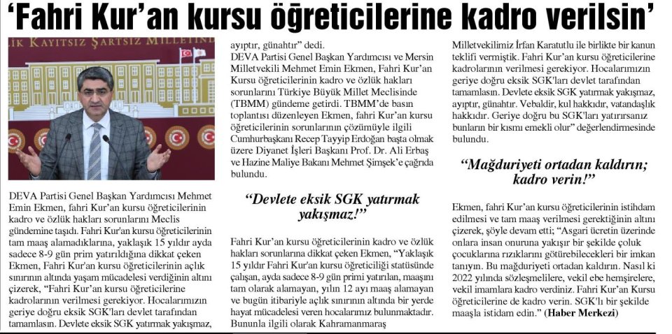 'FAHRİ KUR'AN KURSU ÖĞRETİCİLERİNE KADRO VERİLSİN'