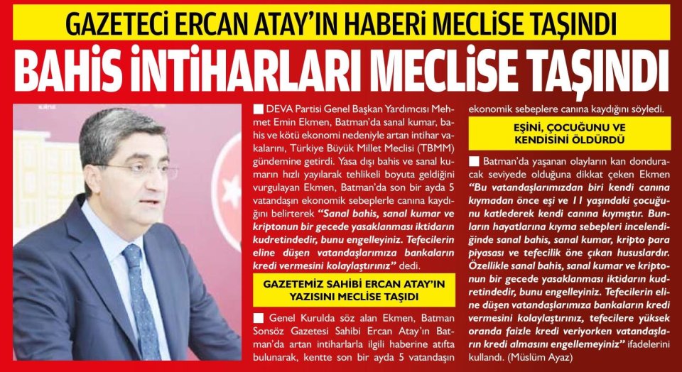 GAZETECİ ERCAN ATAY'IN HABERİ MECLİSE TAŞINDI