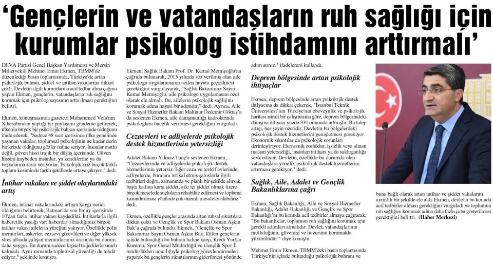 'GENÇLERİN VE VATANDAŞLARIN RUH SAĞLIĞI İÇİN KURUMLAR PSİKOLOG İSTİHDAMINI ARLTIRMALI'