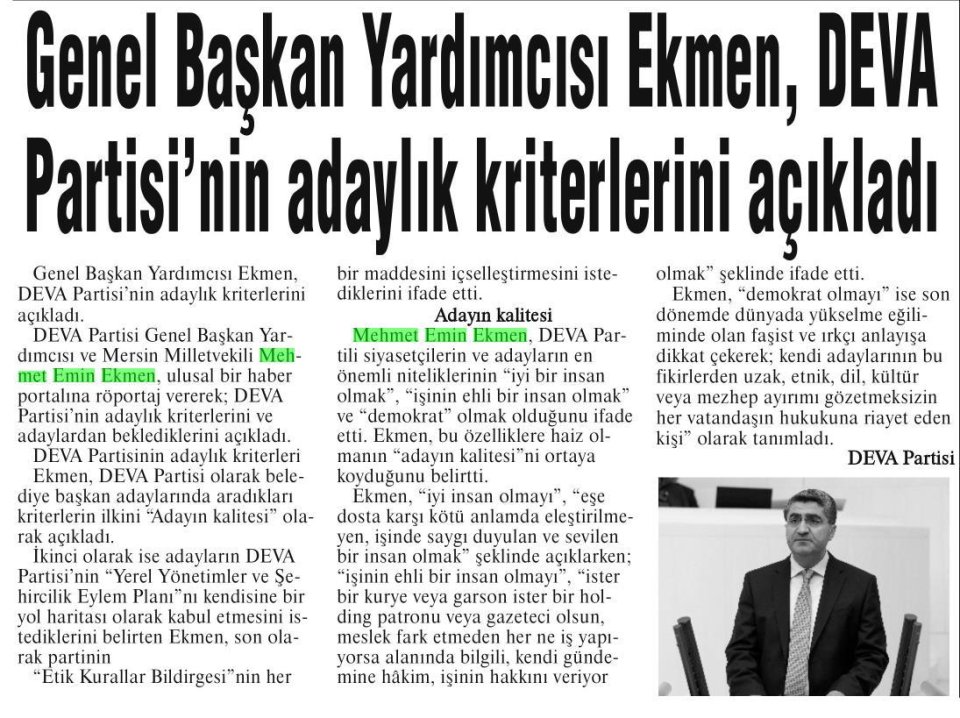 GENEL BAŞKAN YARDIMCISI EKMEN, DEVA PARTİSİ'NİN