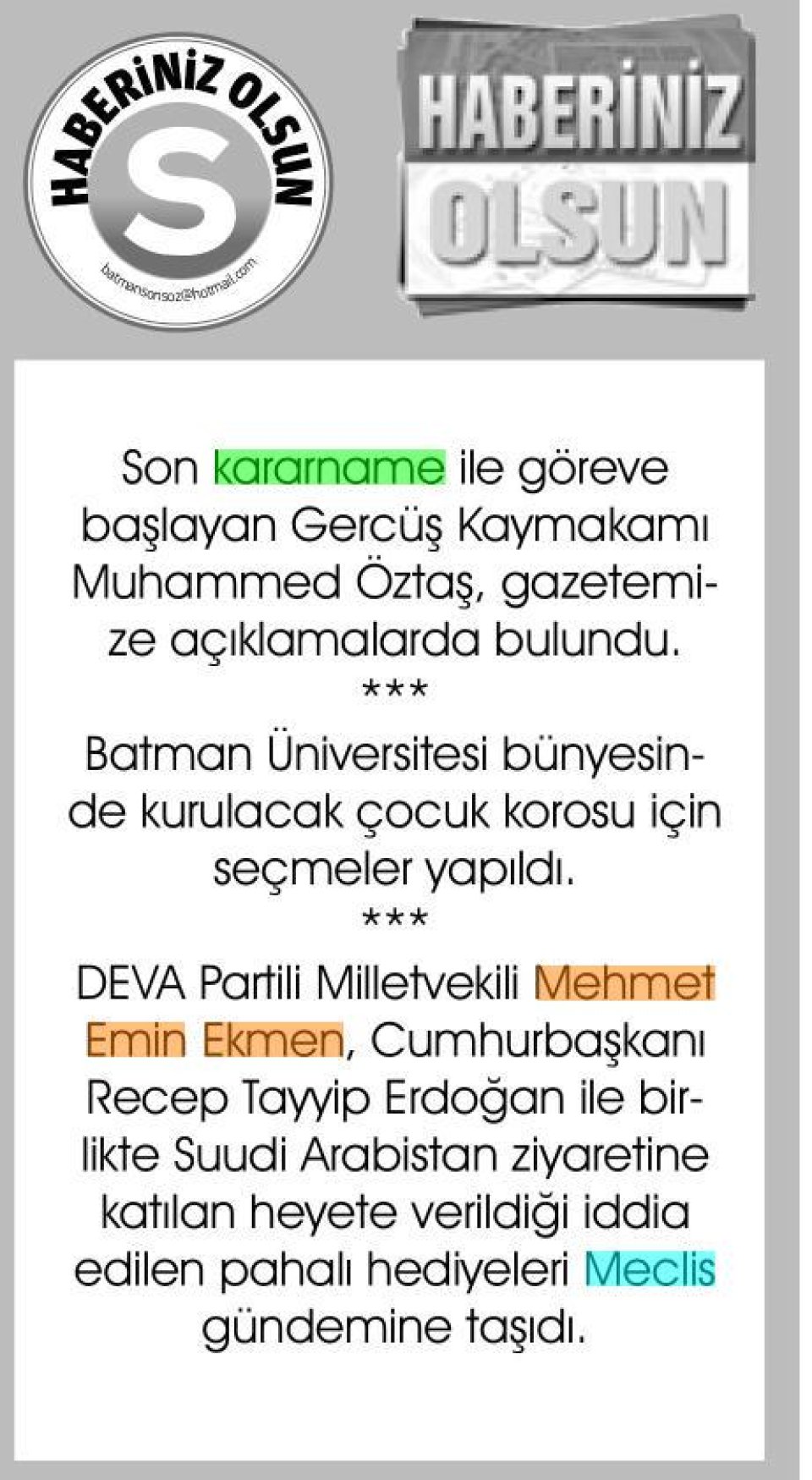 HABERİNİZ OLSUN