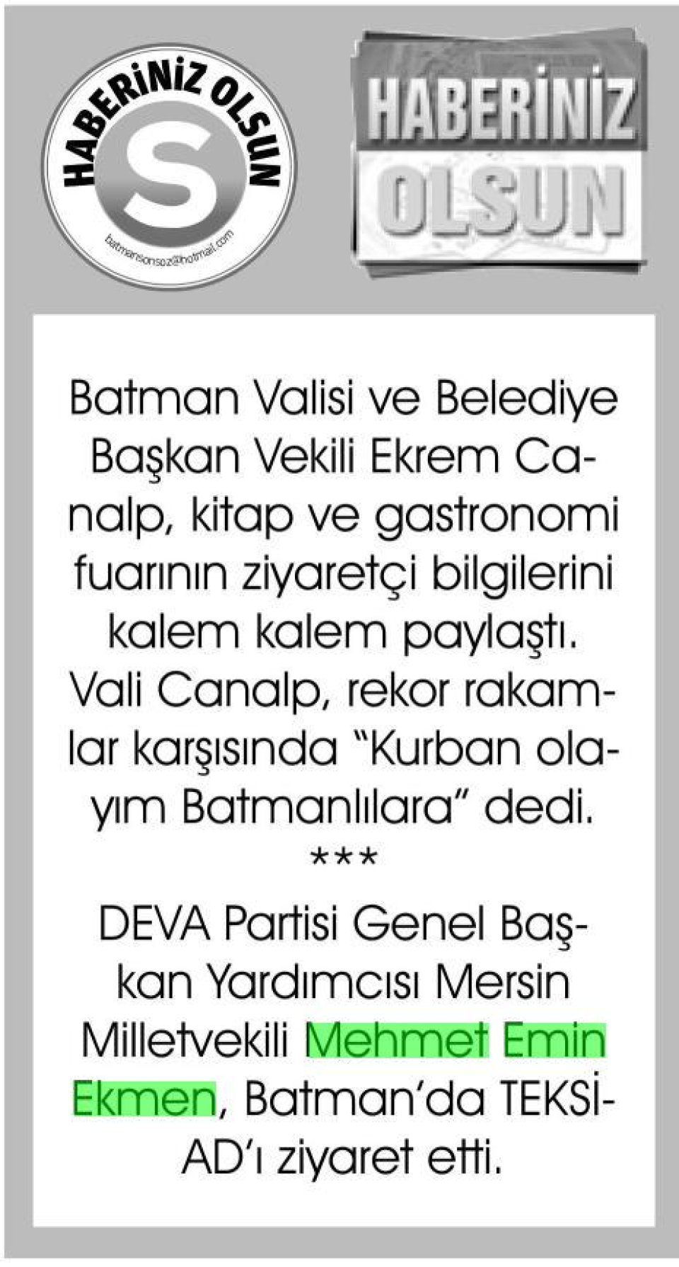 HABERİNİZ OLSUN
