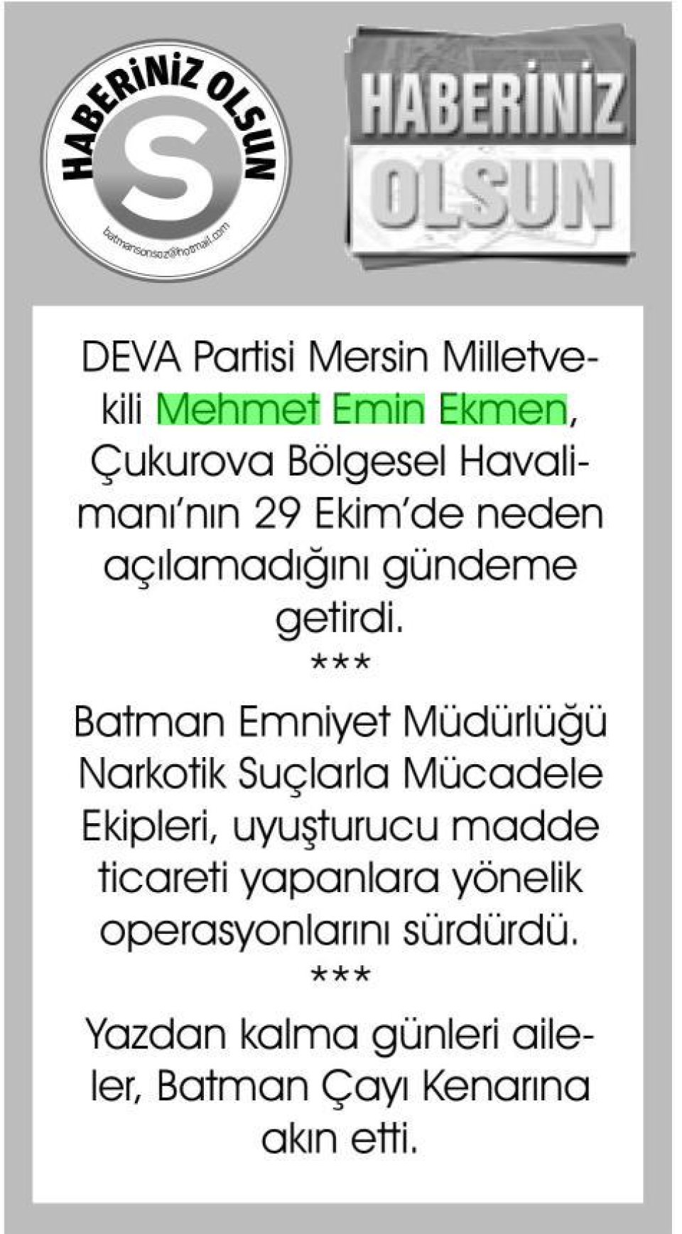 HABERİNİZ OLSUN