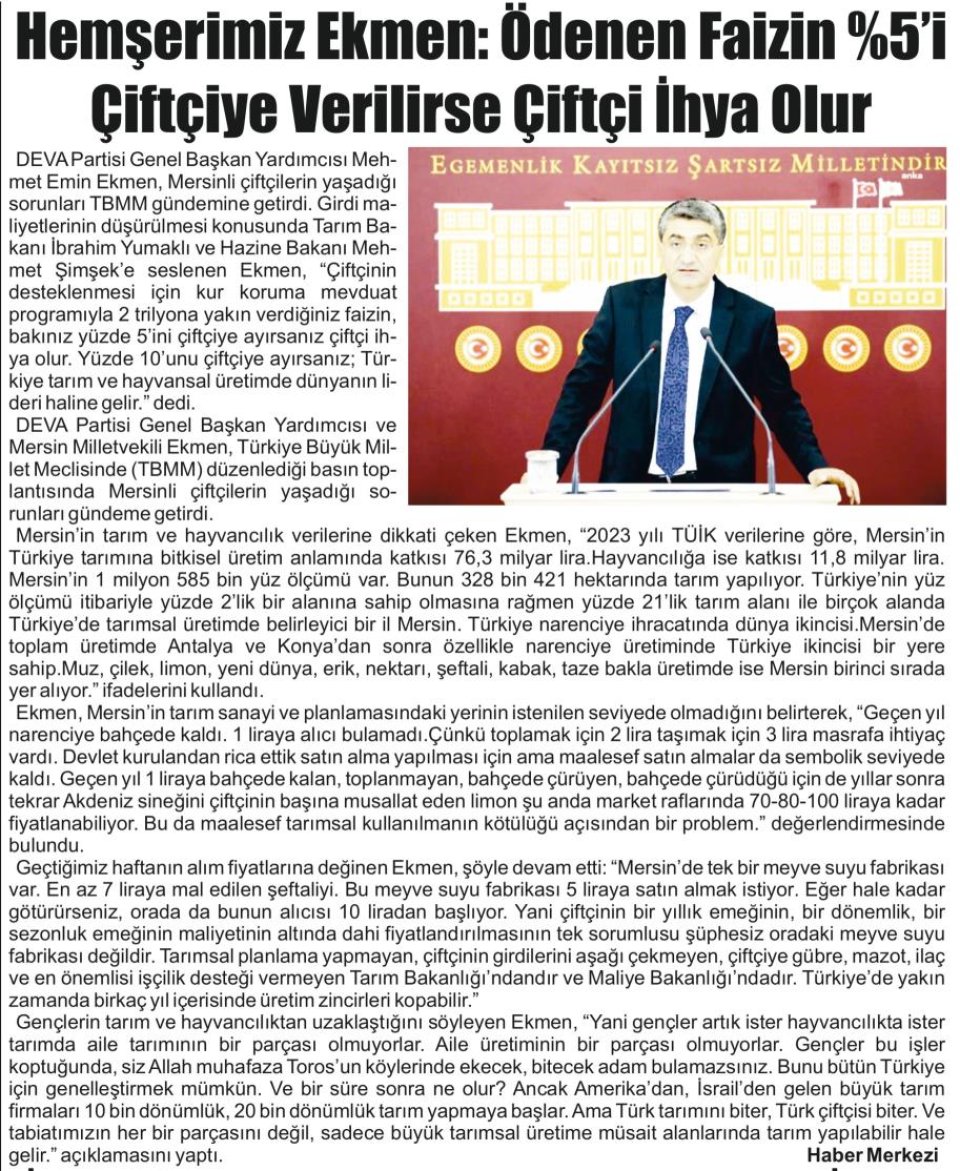 HEMŞERİMİZ EKMEN: ÖDENEN FAİZİN %5'İ ÇİFTÇİYE VERİLİRSE ÇİFTÇİ İHYA OLUR
