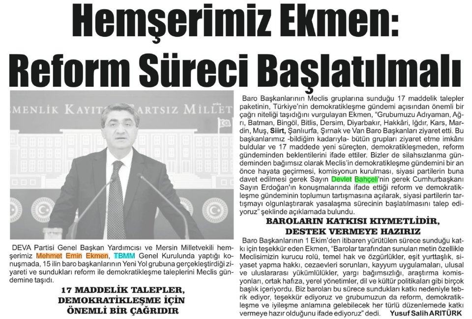 HEMŞERİMİZ EKMEN: REFORM SÜRECİ BAŞLATILMALI