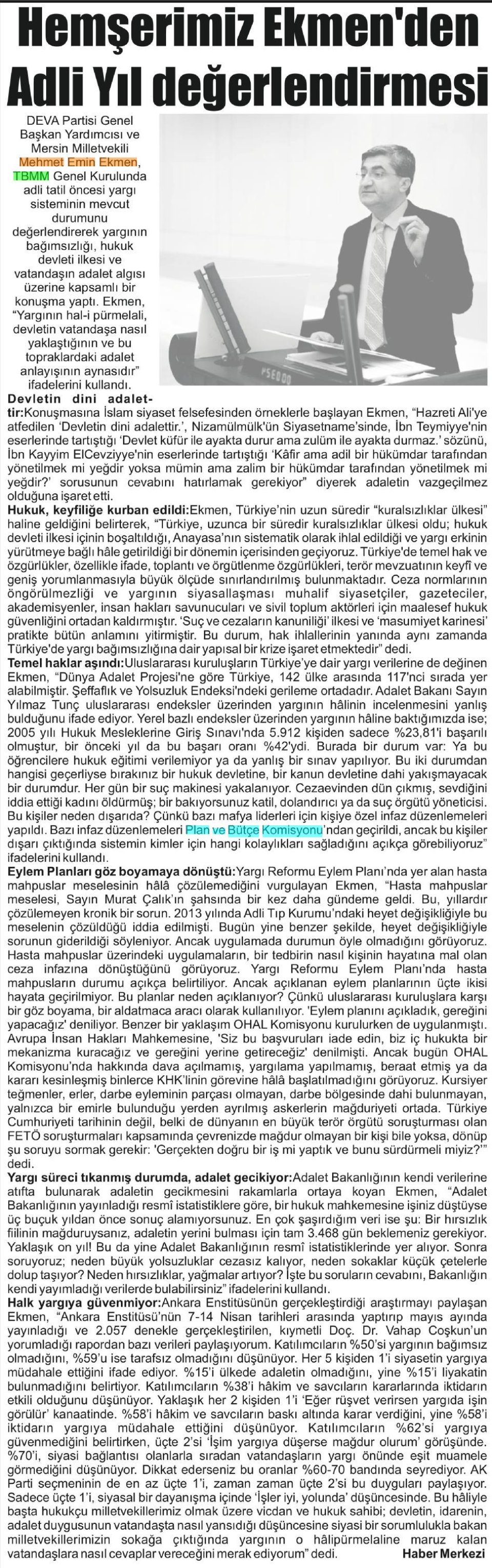 HEMŞERİMİZ EKMENDEN ADLİ YIL DEĞERLENDİRMESİ