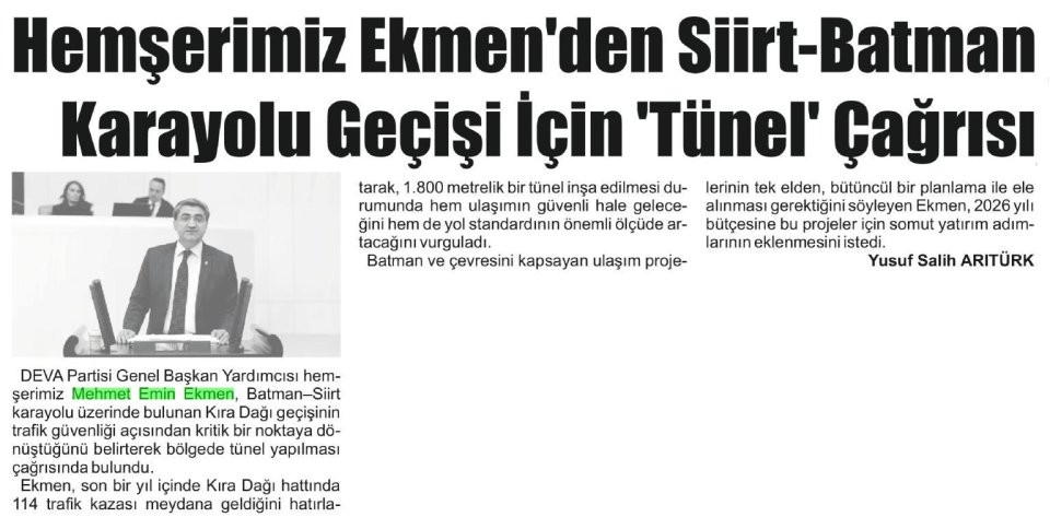 HEMŞERİMİZ EKMEN'DEN SİİRT-BATMAN KARAYOLU GEÇİŞİ İÇİN TÜNEL' ÇAĞRISI