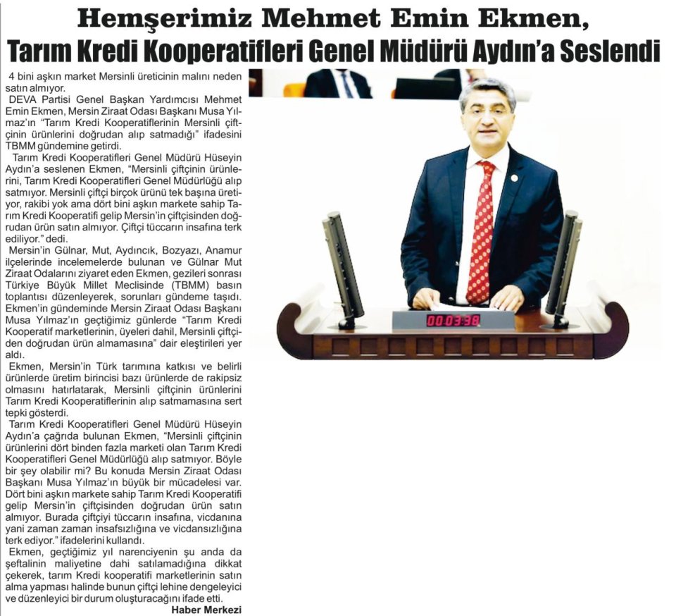 HEMŞERİMİZ MEHMET EMİN EKMEN, TARIM KREDİ KOOPERATİFLERİ GENEL MÜDÜRÜ AYDIN'A SESLENDİ