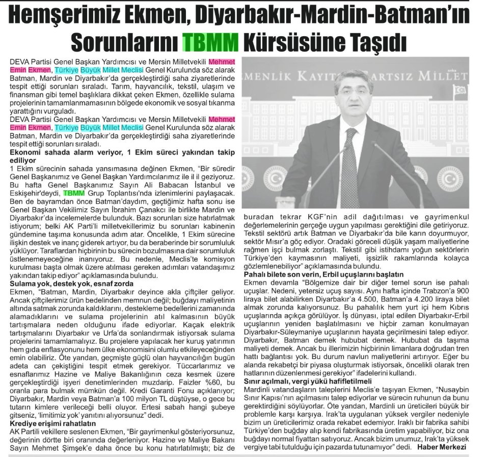 HEMŞERLMİZ EKMEN, DİYARBAKIR-MARDİN-BATMAN'IN SORUNLARINI TBMM KÜRSÜSÜNE TAŞIDI