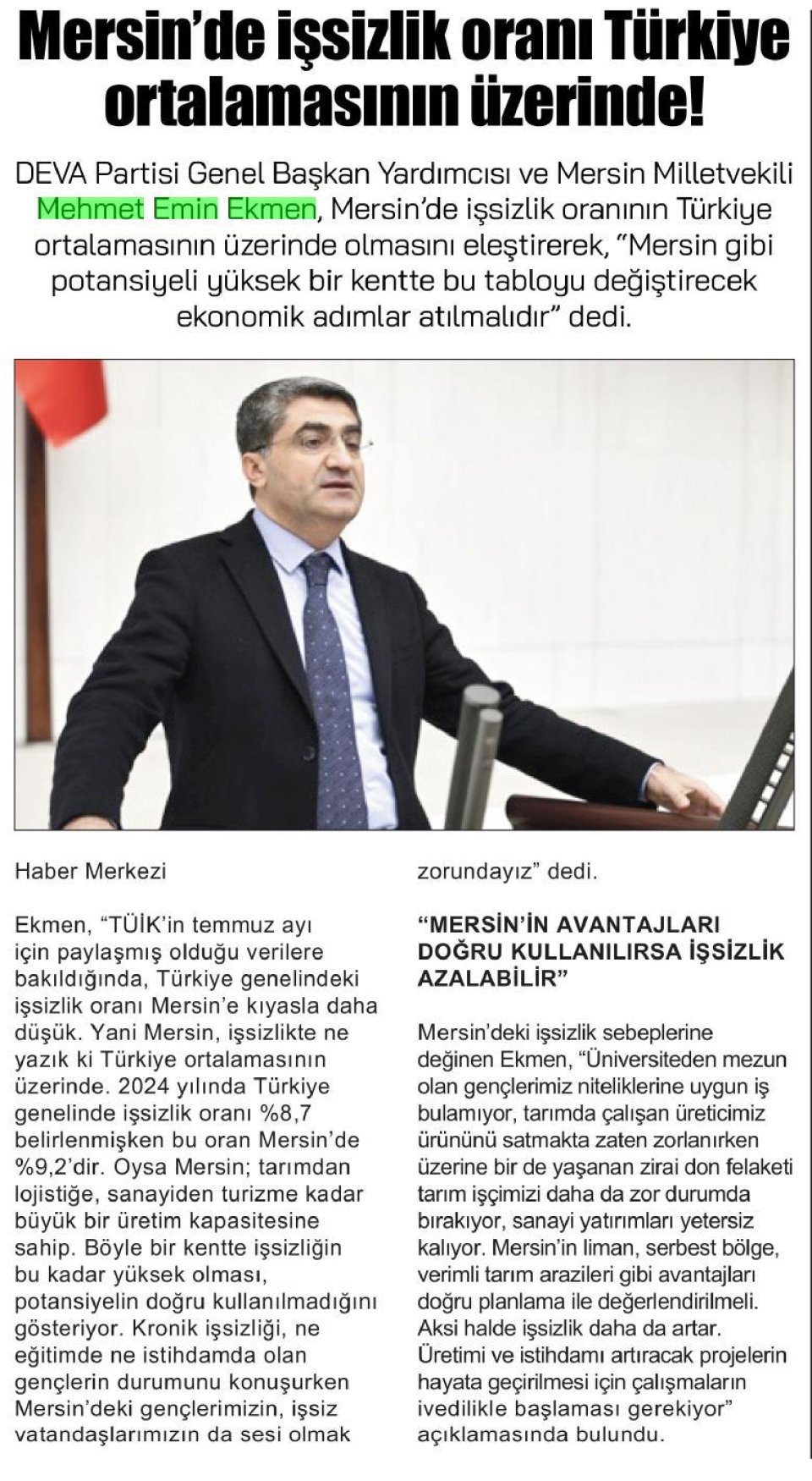 İŞSİZLİK ORANI TÜRKİYE ORTALAMASININ ÜZERİNDE!