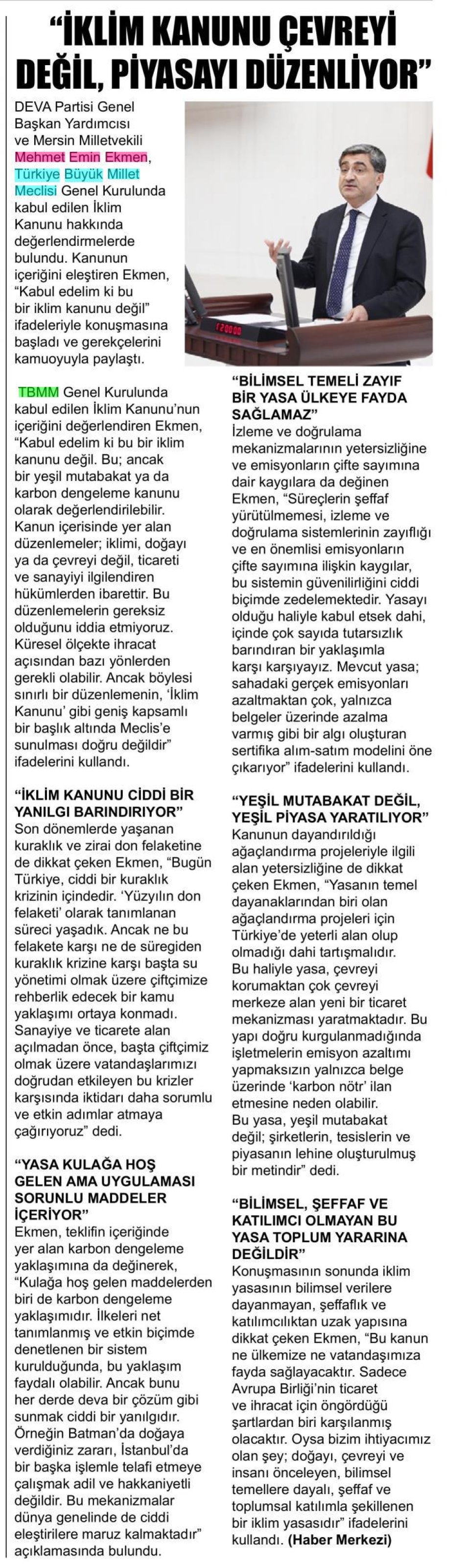 İKLİM KANUNU ÇEVREYİ DEĞİL PİYASAYI DÜZENLİYOR