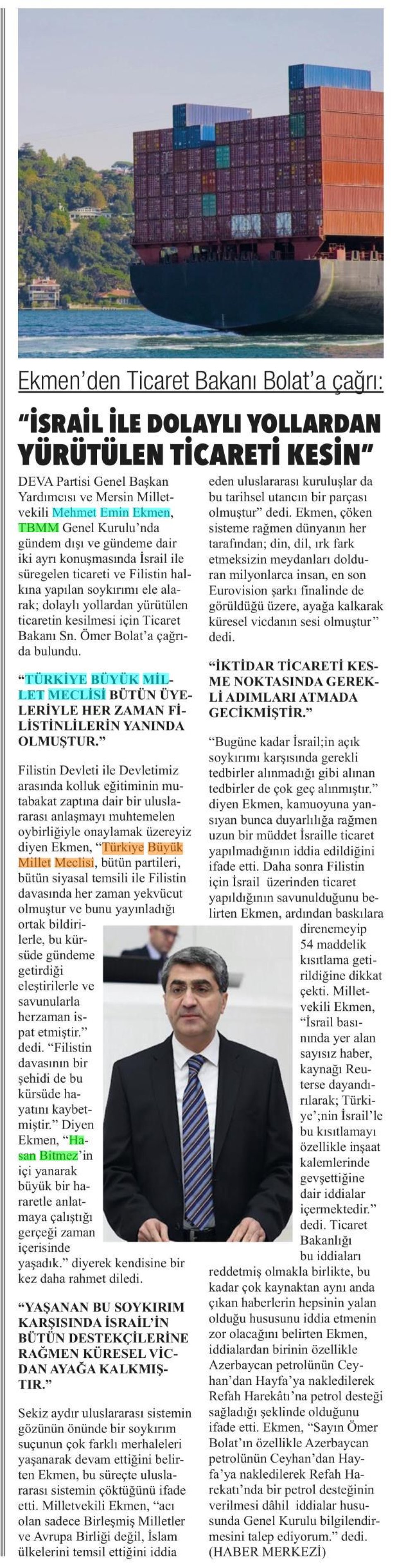 İSRAİL İLE DOLAYLI YOLLARDAN YÜRÜTÜLEN TİCARETİ KESİN