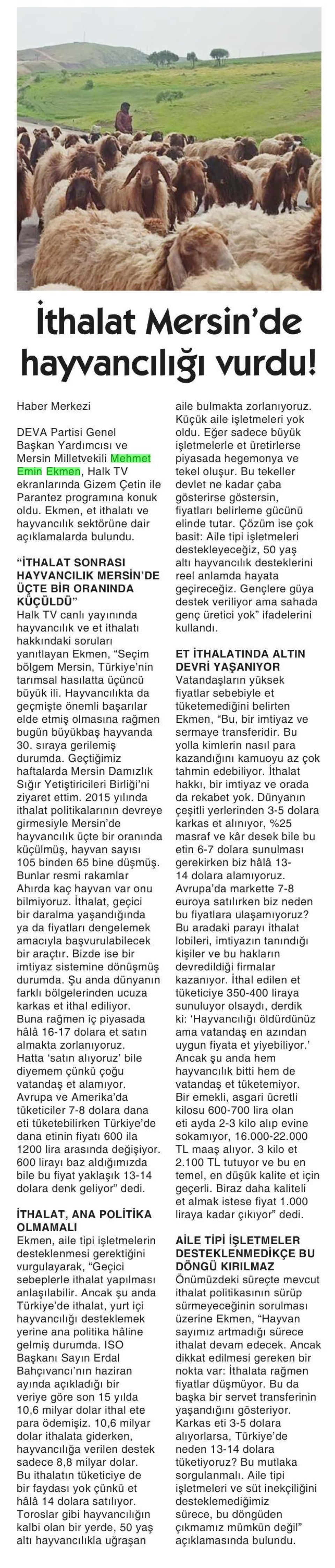 İTHALAT MERSİN'DE HAYVANCILIĞI VURDU!