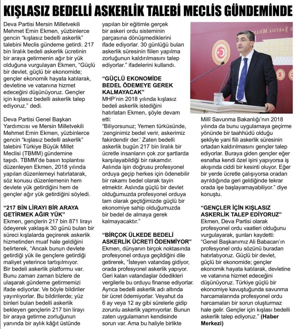 KISLASIZ BEDELLİ ASKERLİK TALEBİ MECLİS GÜNDEMİNDE