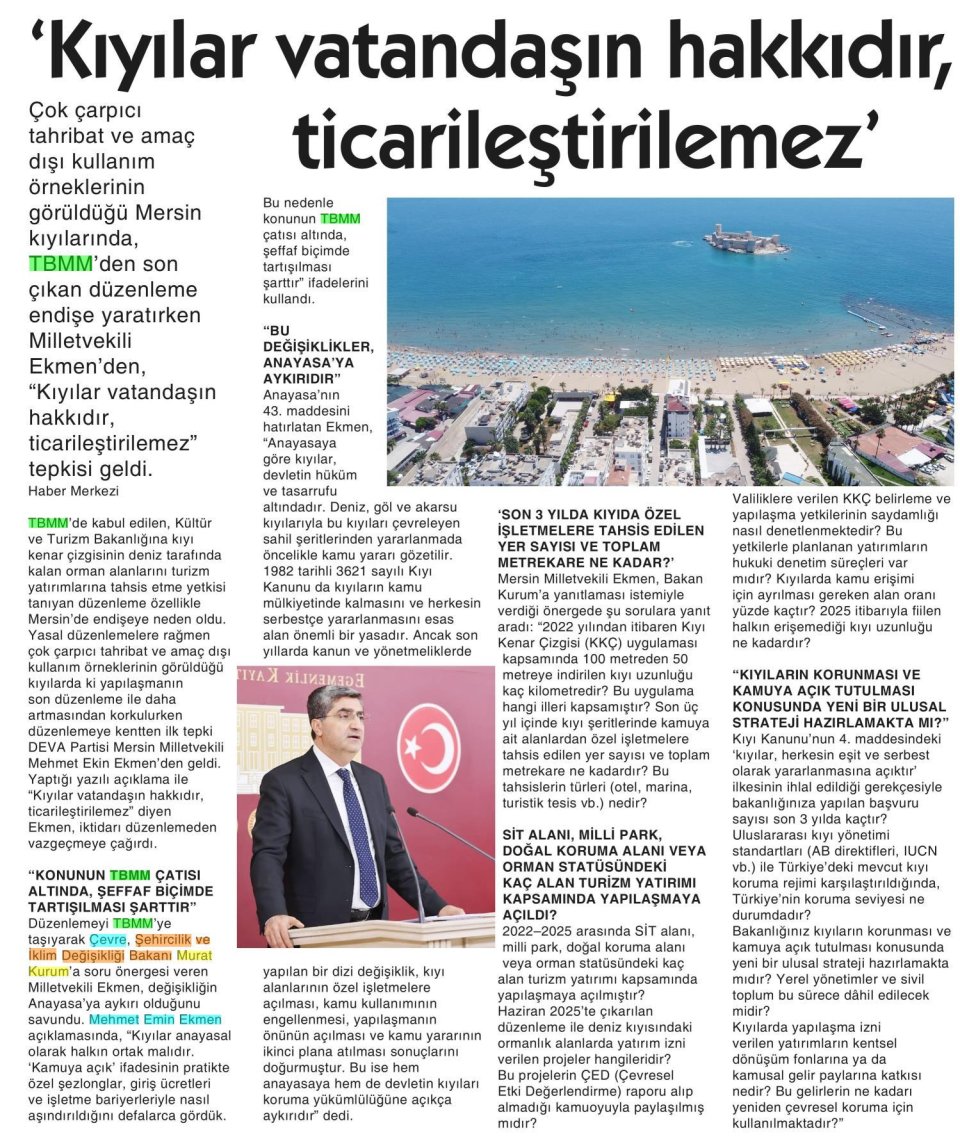 'KIYILAR VATANDAŞIN HAKKIDIR TİCARİLEŞTİRİLEMEZ'