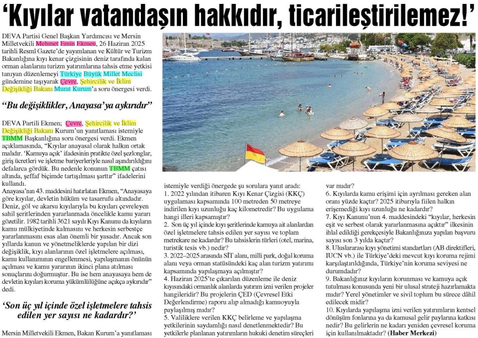 'KIYILAR VATANDAŞIN HAKKIDIR TİCARİLESTİRİLEMEZ!'