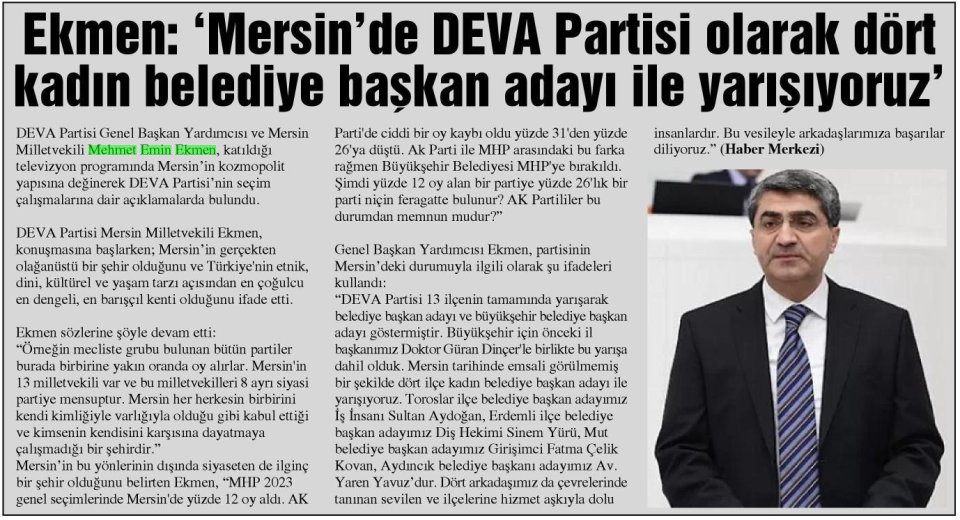KMEN: MERSİN'DE DEVA PARTİSİ OLARAK DÖRT KADIN BAŞKAN ADAYI İLE YARIŞIYORUZ